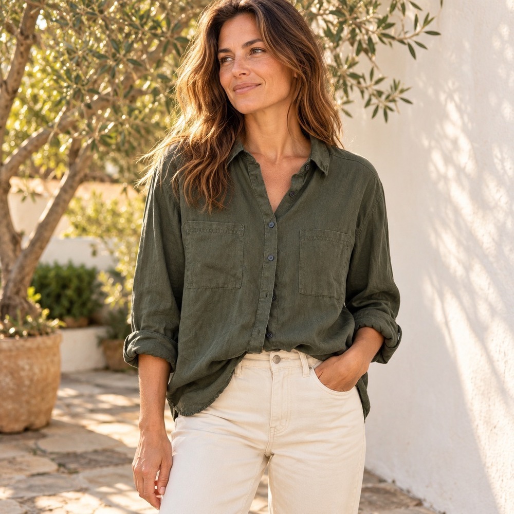 Boden 100% Linen Button Down Shirt Womens 10 Olive Green Utility W0698